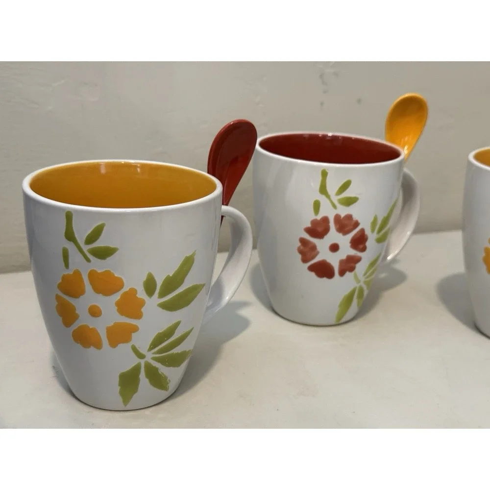 Lot Of 3 Pier 1 Stoneware Coffee Mugs 14 oz  with Spoons Fowers Hand painted